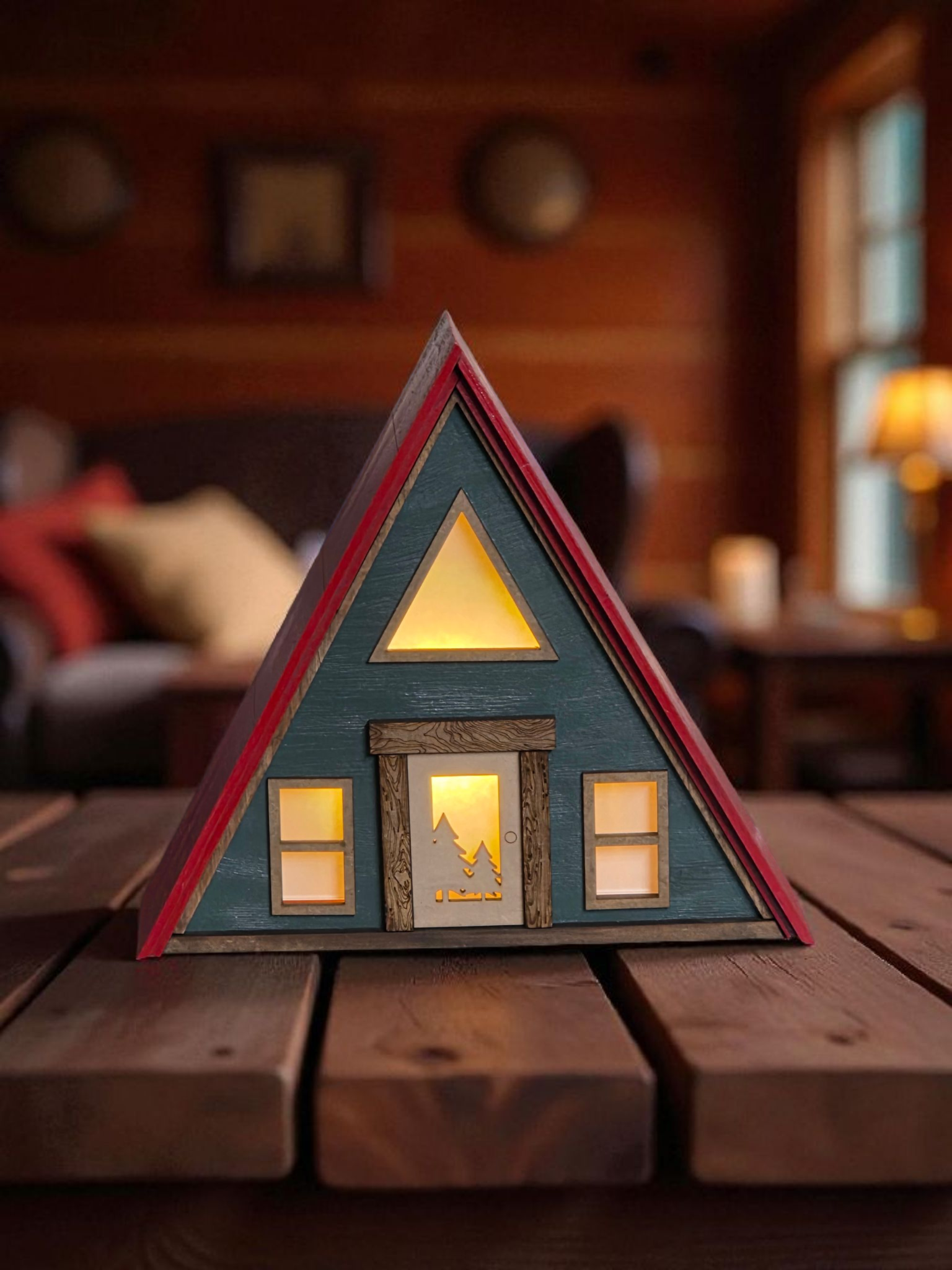 Lighted A-Frame Cabin | Wooden Night Light | Rustic Cabin Decor