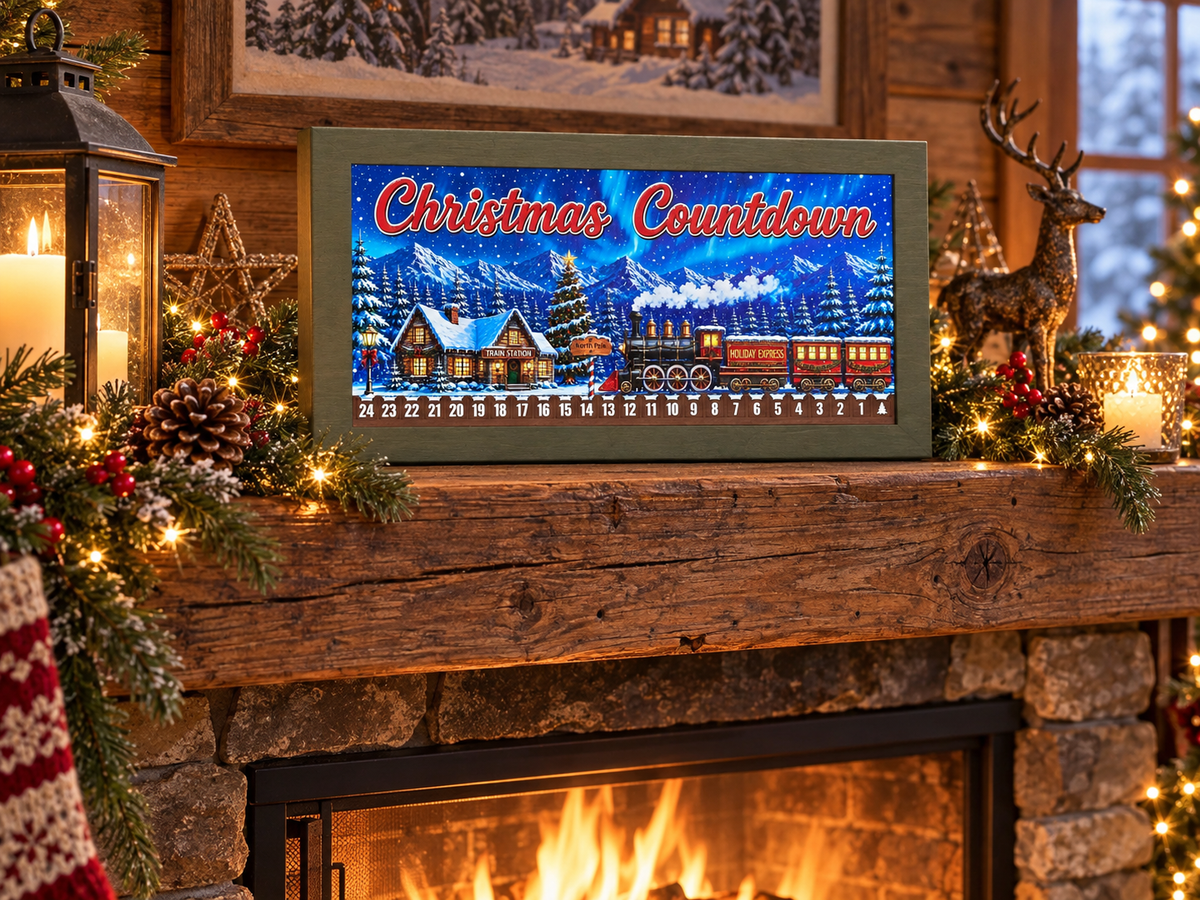 Lighted Christmas countdown with Holiday Express train and North Pole station under northern lights, displayed on a rustic mantel