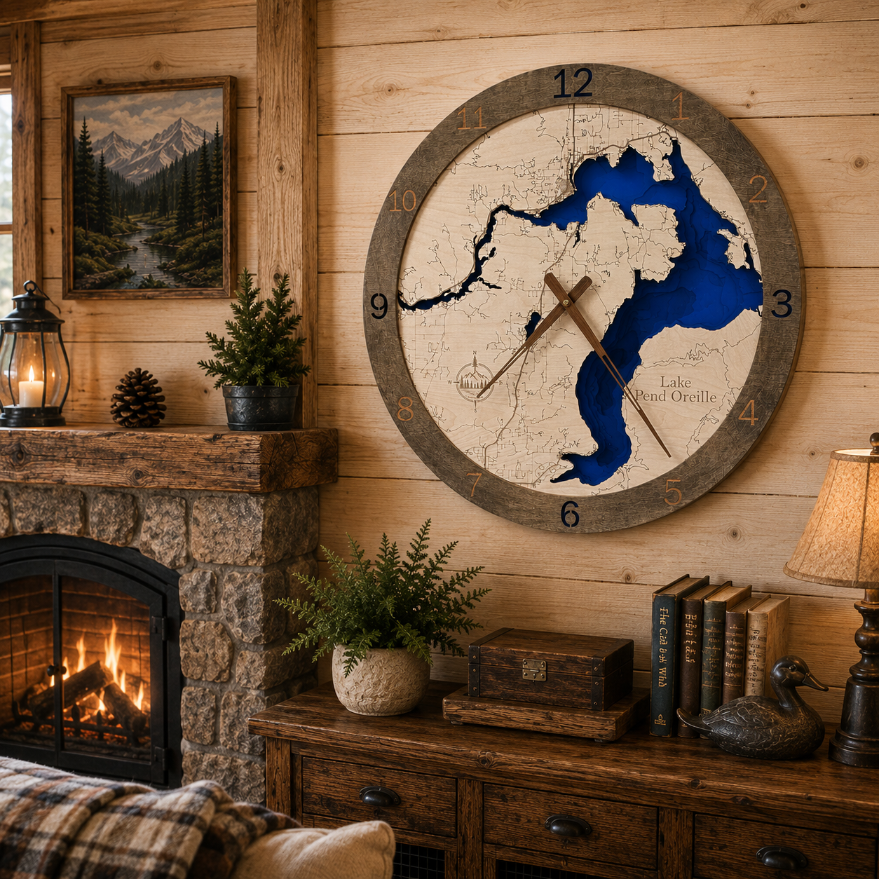 Lake Pend Oreille Depth Map Clock, close-up detail of the depth contours