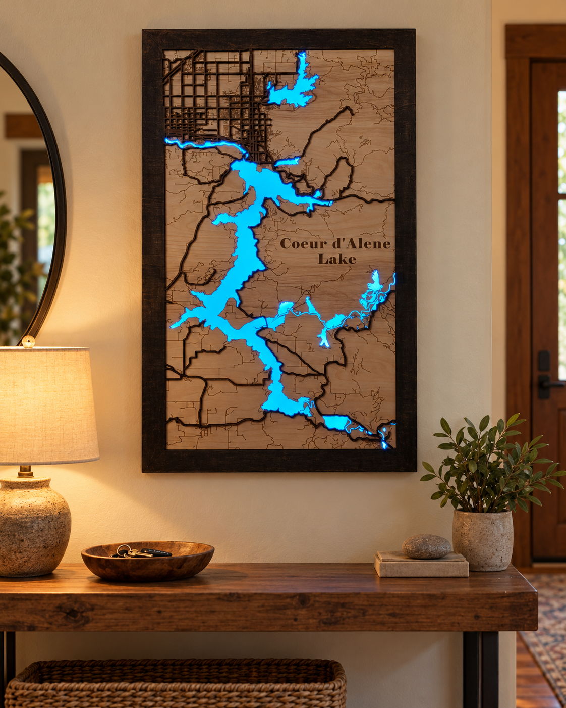 Lake Coeur d'Alene Map, Lighted or Unlit | Handcrafted Wooden Lake Art