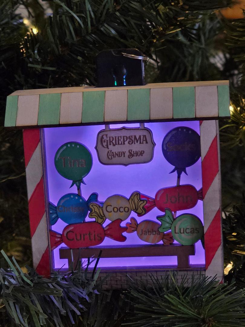 Lighted Personalized Candy Store Ornament, close-up detail