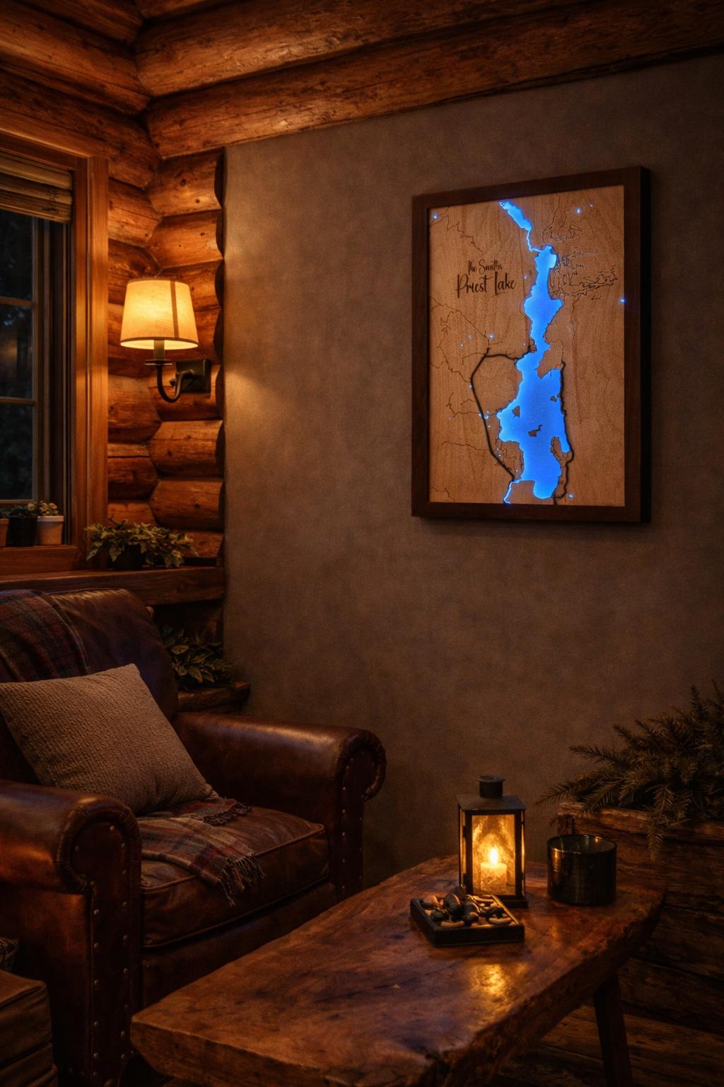 Lighted Priest Lake Map, close-up detail