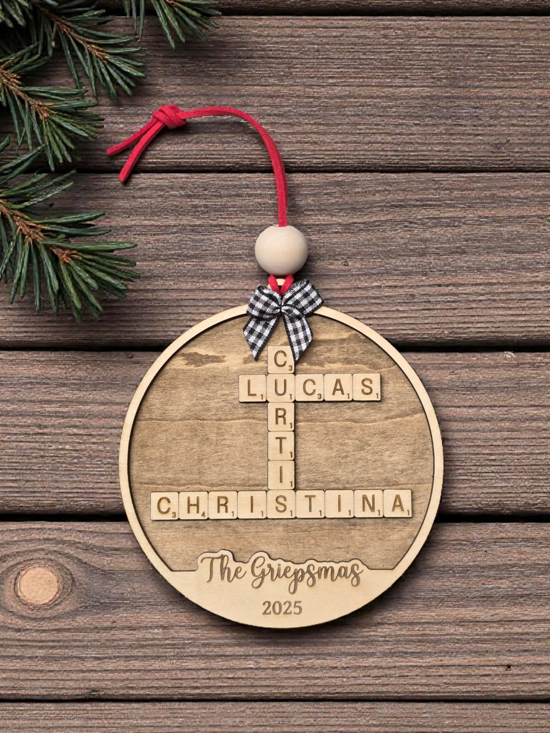 Personalized Scrabble Tile Family Ornament, close-up detail